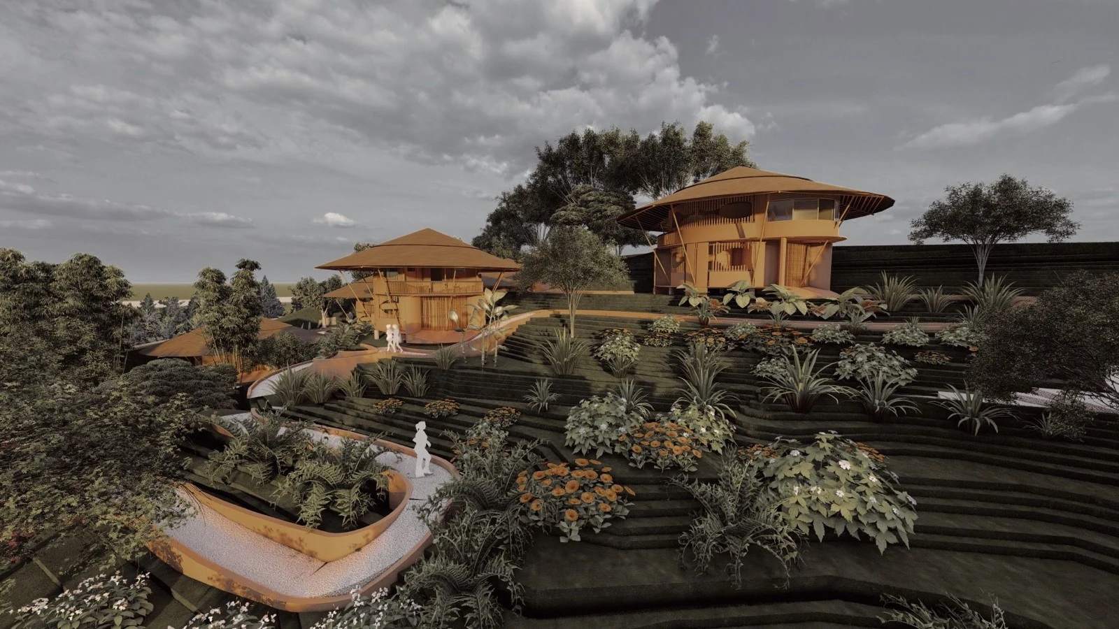 Render of the bamboo homes on the hillside