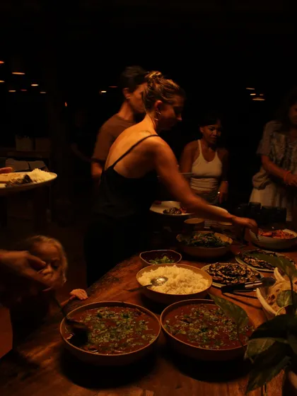 Preparing food in the community kitchen