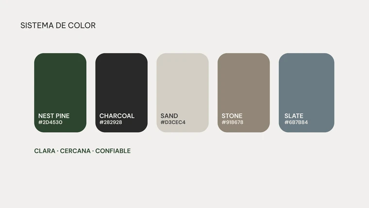 "Colour system" slide: pine green, charcoal, sand, stone and slate