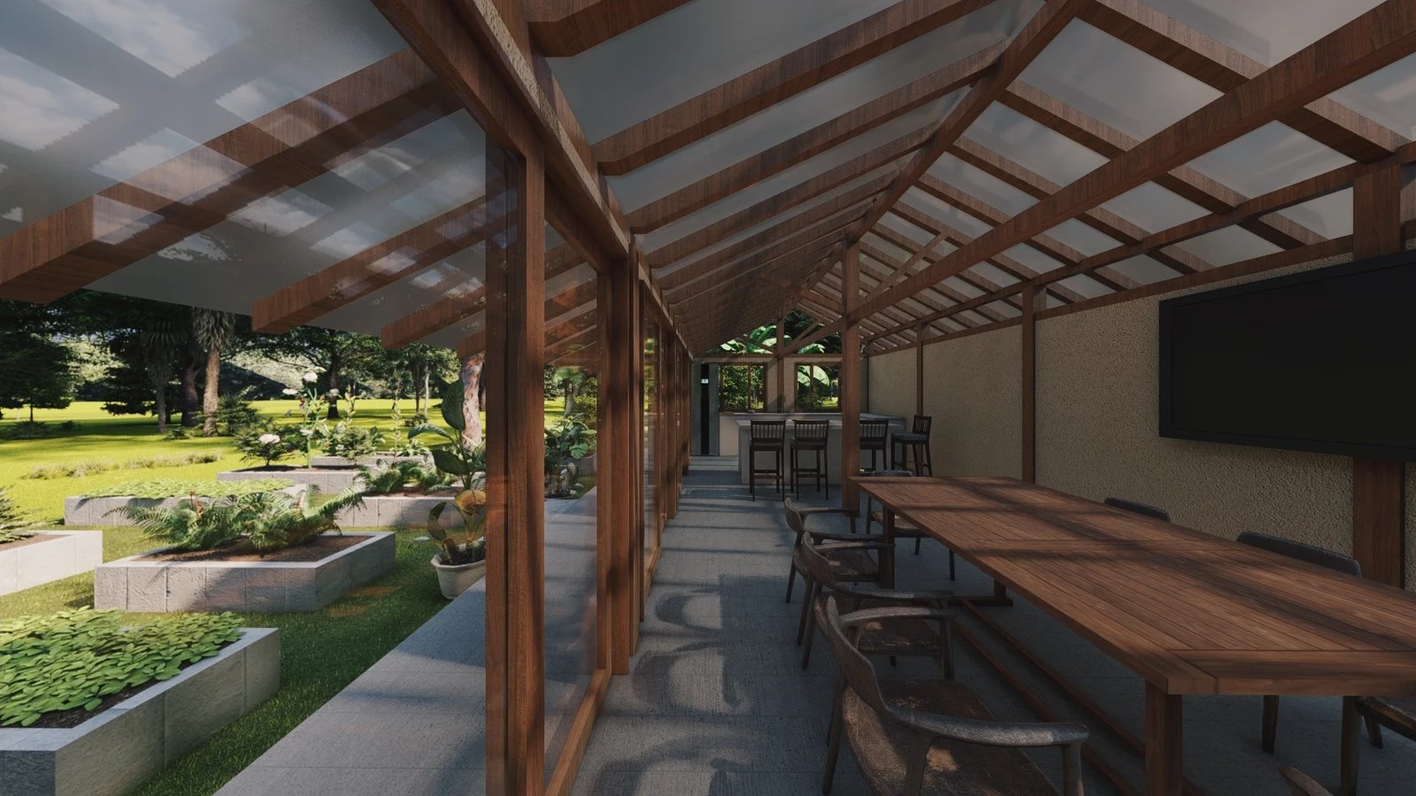 Render of the dining space open to the garden