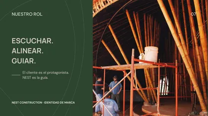 "Our role: listen, align, guide" page from the brand guide, with a bamboo build