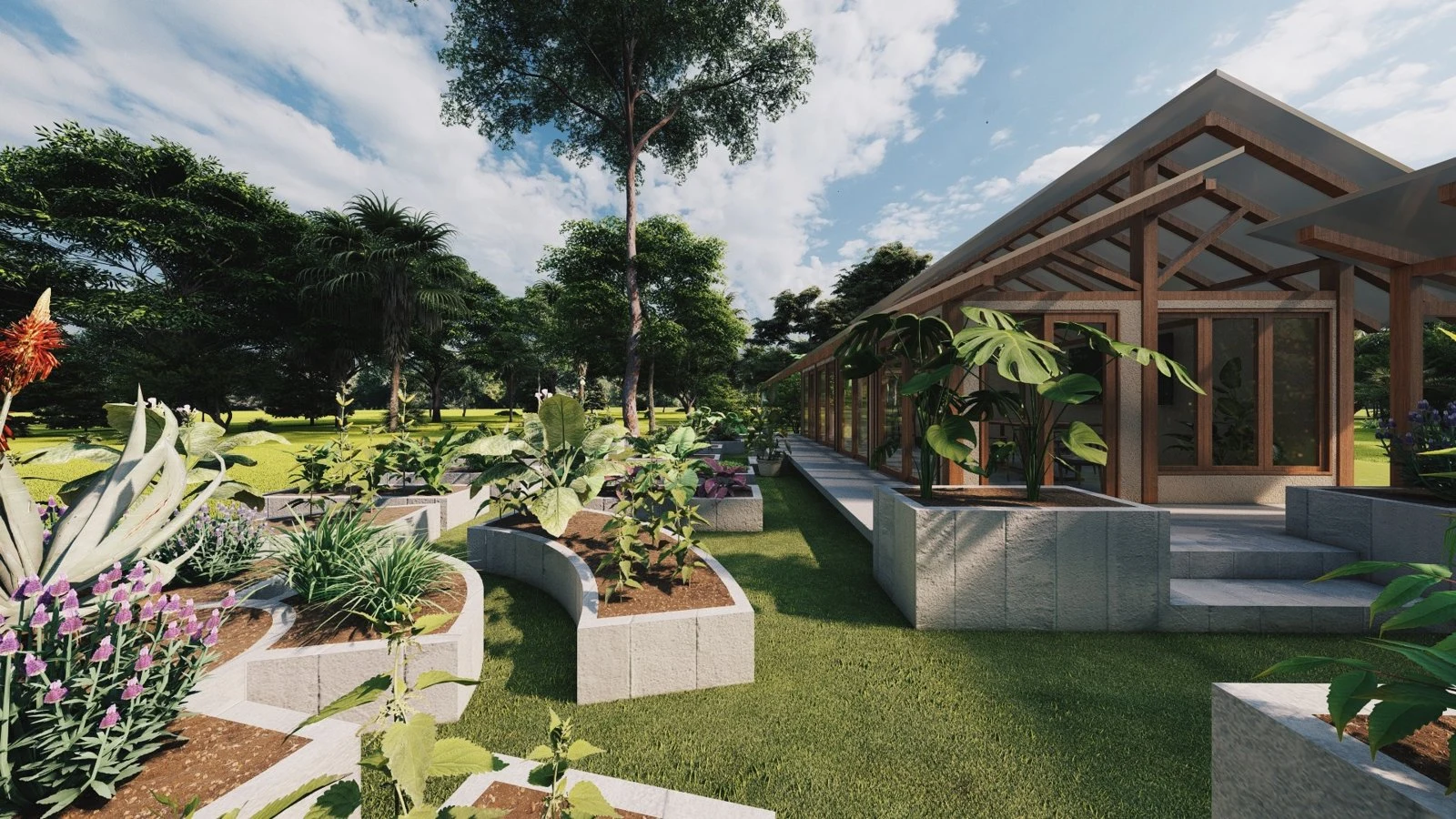 Render of the garden with the dining space behind