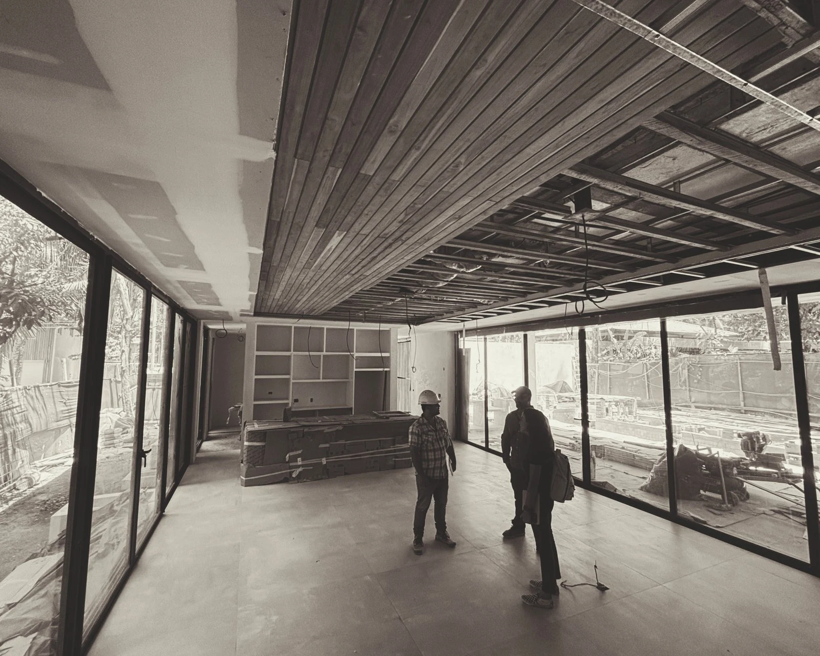 House interior under construction, in sepia