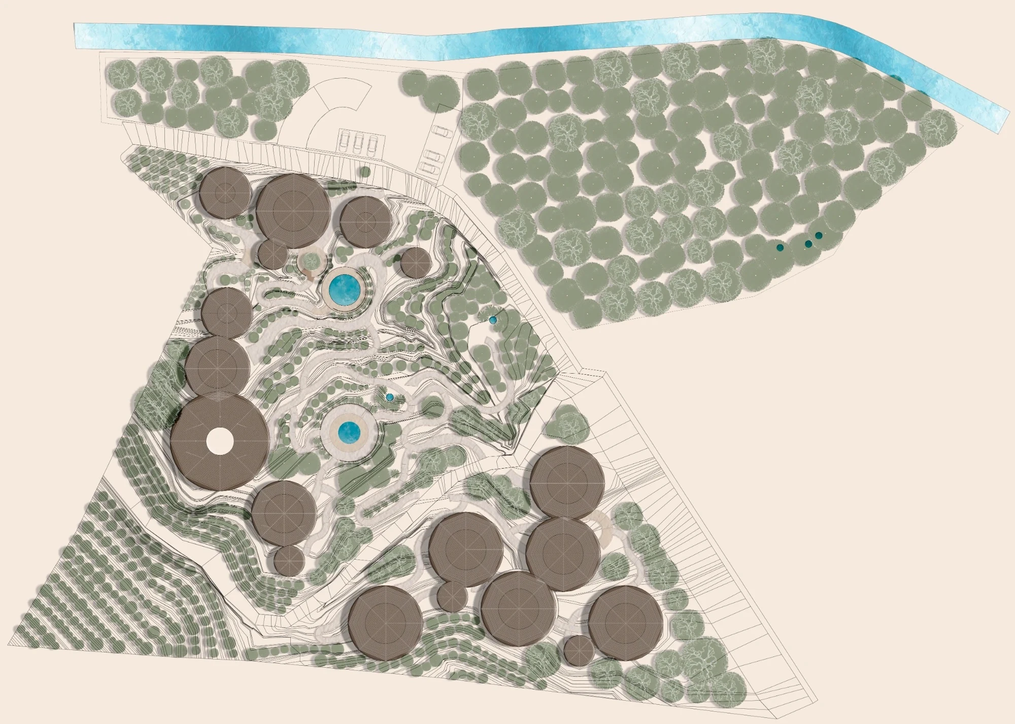 Site plan with the river, the forest and the homes