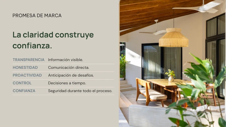 "Brand promise" slide: clarity builds trust, with its five values beside a finished space