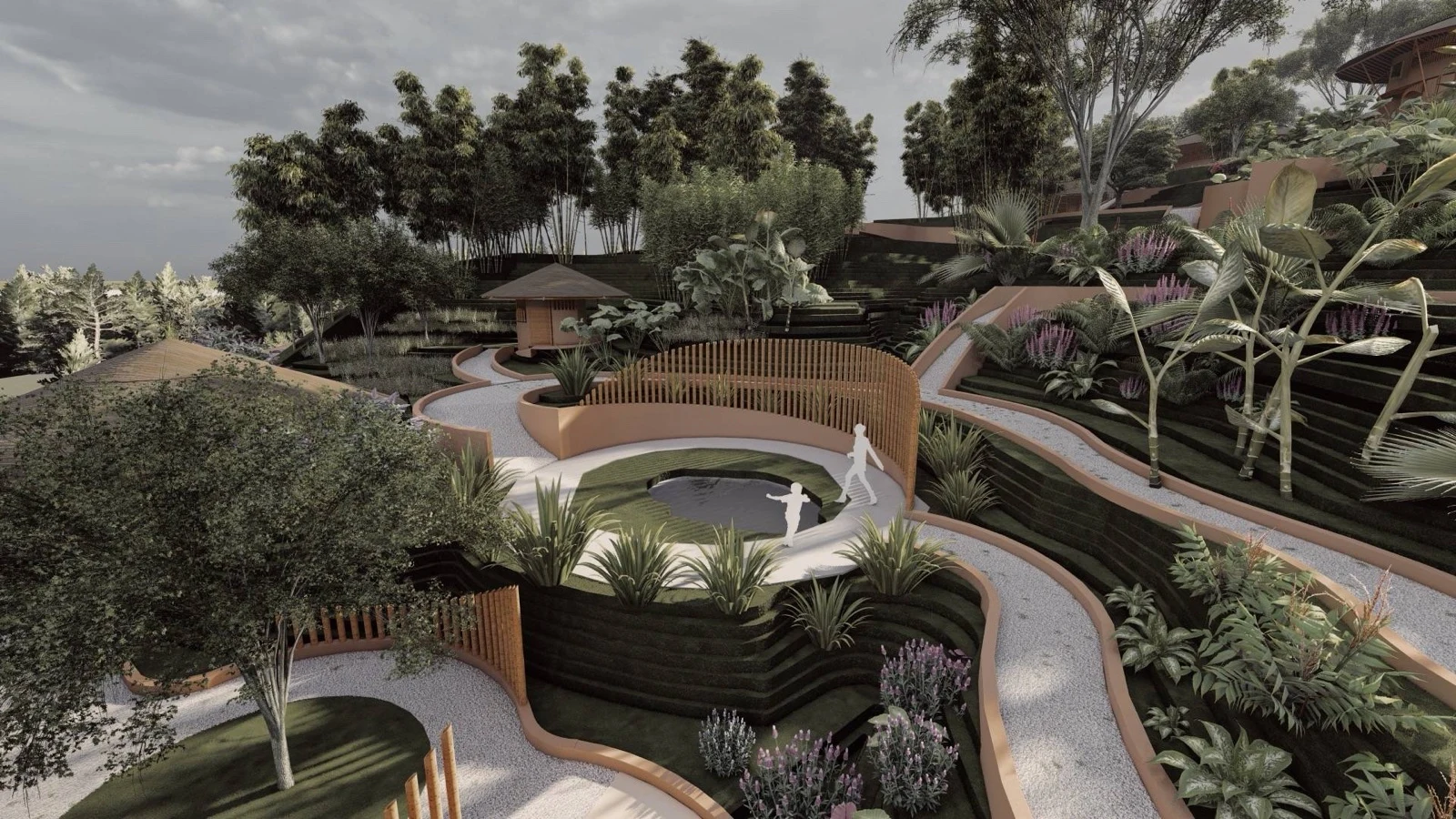 Render of paths and a reflecting pool among gardens