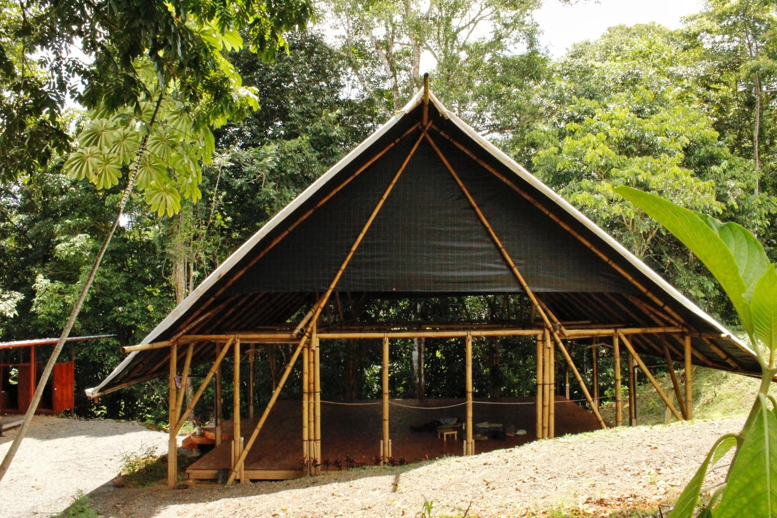 Bamboo temple with a pitched roof in the forest